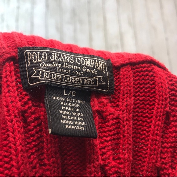 Polo Jeans by Ralph Lauren 1/4 Zip Red Pullover Cable Knit Sweater Large Unisex - Picture 3 of 4